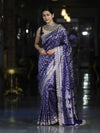 Banarasee Handloom Mashru Silk Saree With Heavy Zari Jaal & Lace Border-Blue