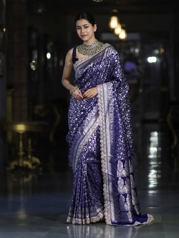 Banarasee Handloom Mashru Silk Saree With Heavy Zari Jaal & Lace Border-Blue