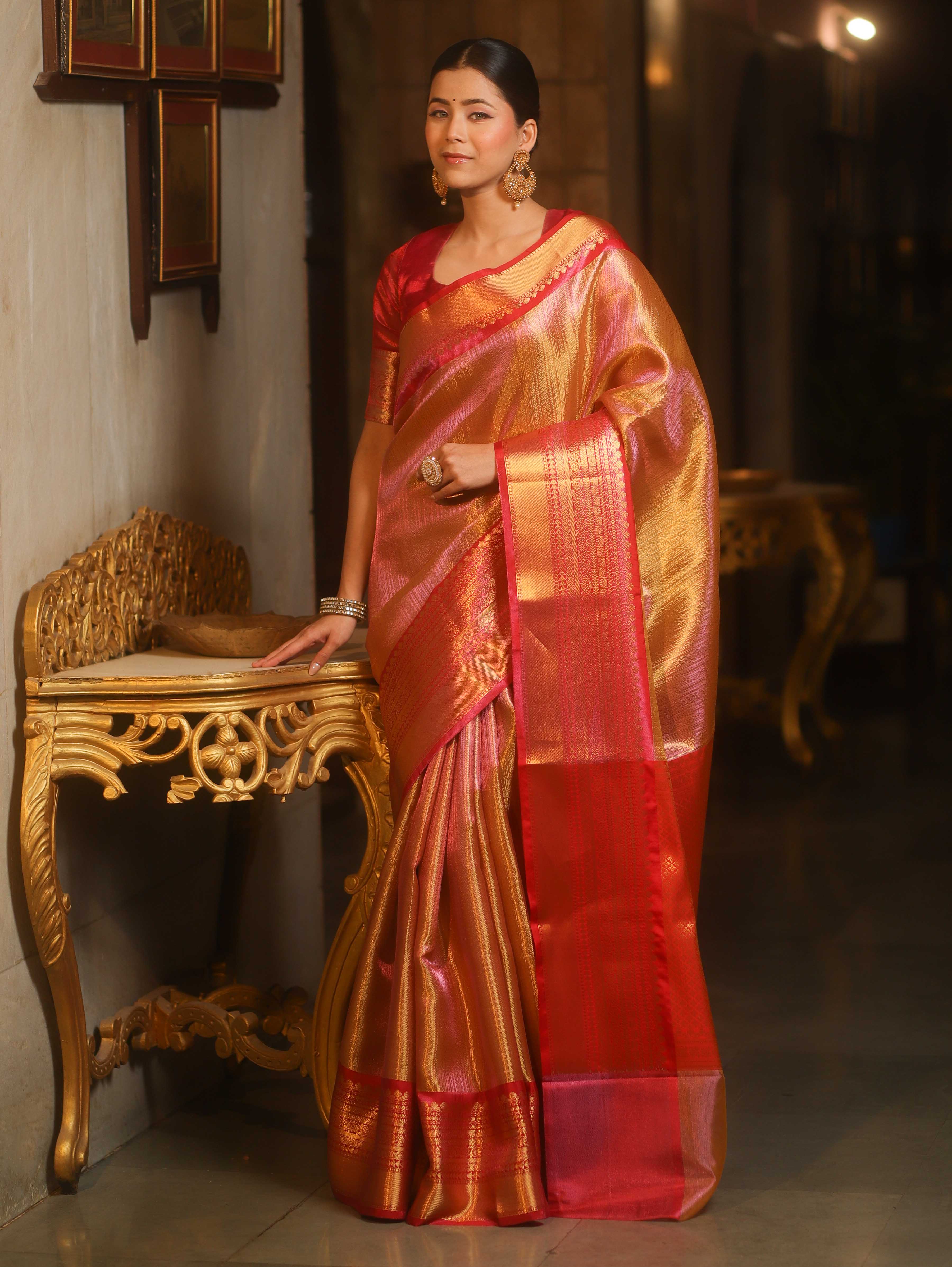 Banarasee Handwoven Tissue Saree With Zari Broad Broder-Pink & Red