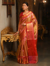 Banarasee Handwoven Tissue Saree With Zari Broad Broder-Pink & Red