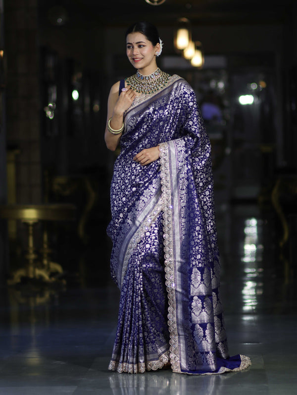 Banarasee Handloom Mashru Silk Saree With Heavy Zari Jaal & Lace Border-Blue