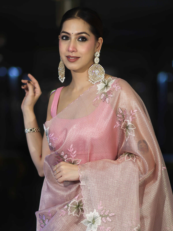 Banarasee Tissue Saree With Resham Embroidery Applique Work Pallu & Scallop Border-Light Pink
