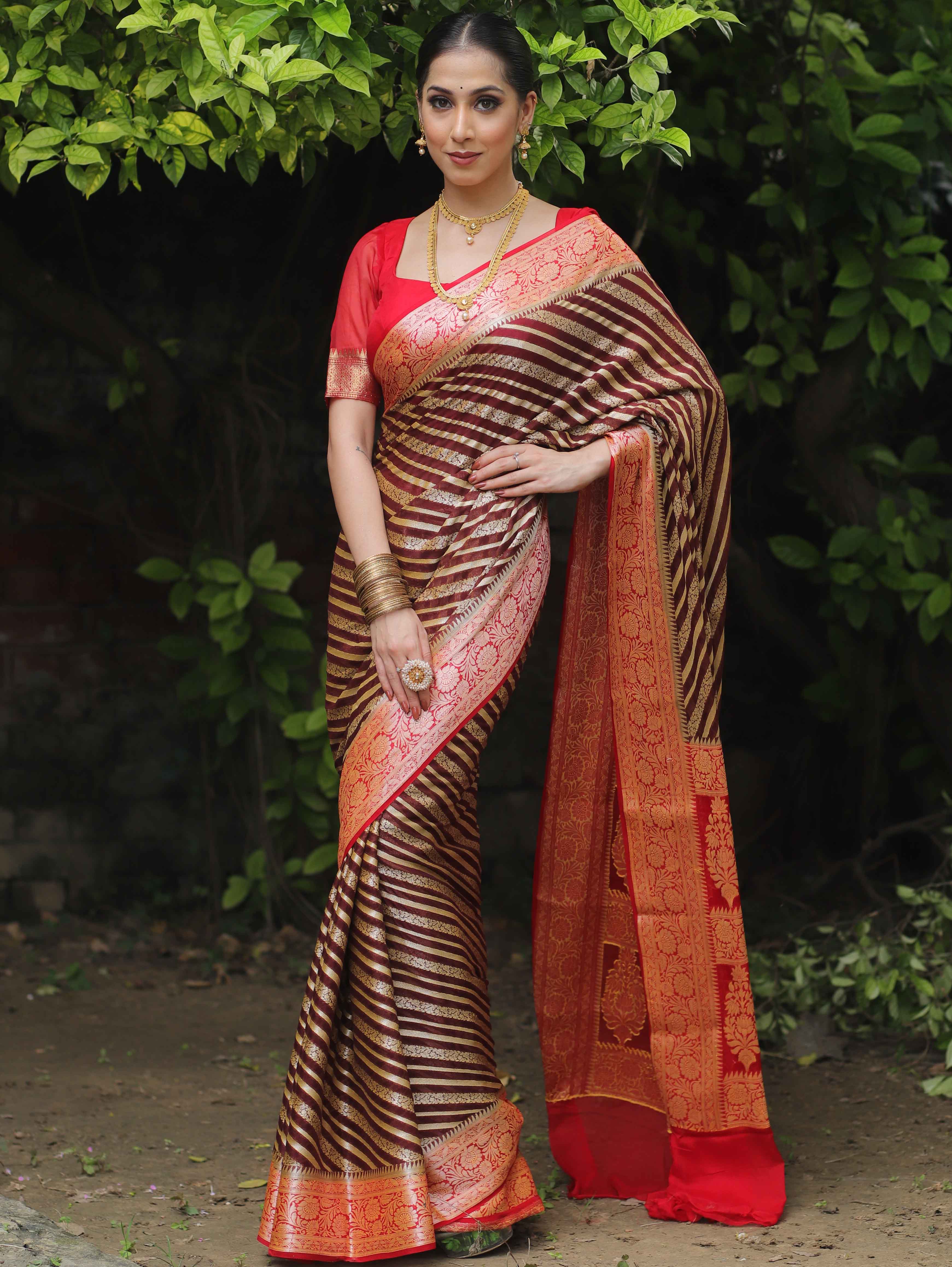 Banarasee Chiffon Floral Zari stripes & Border Saree-Brown & Red