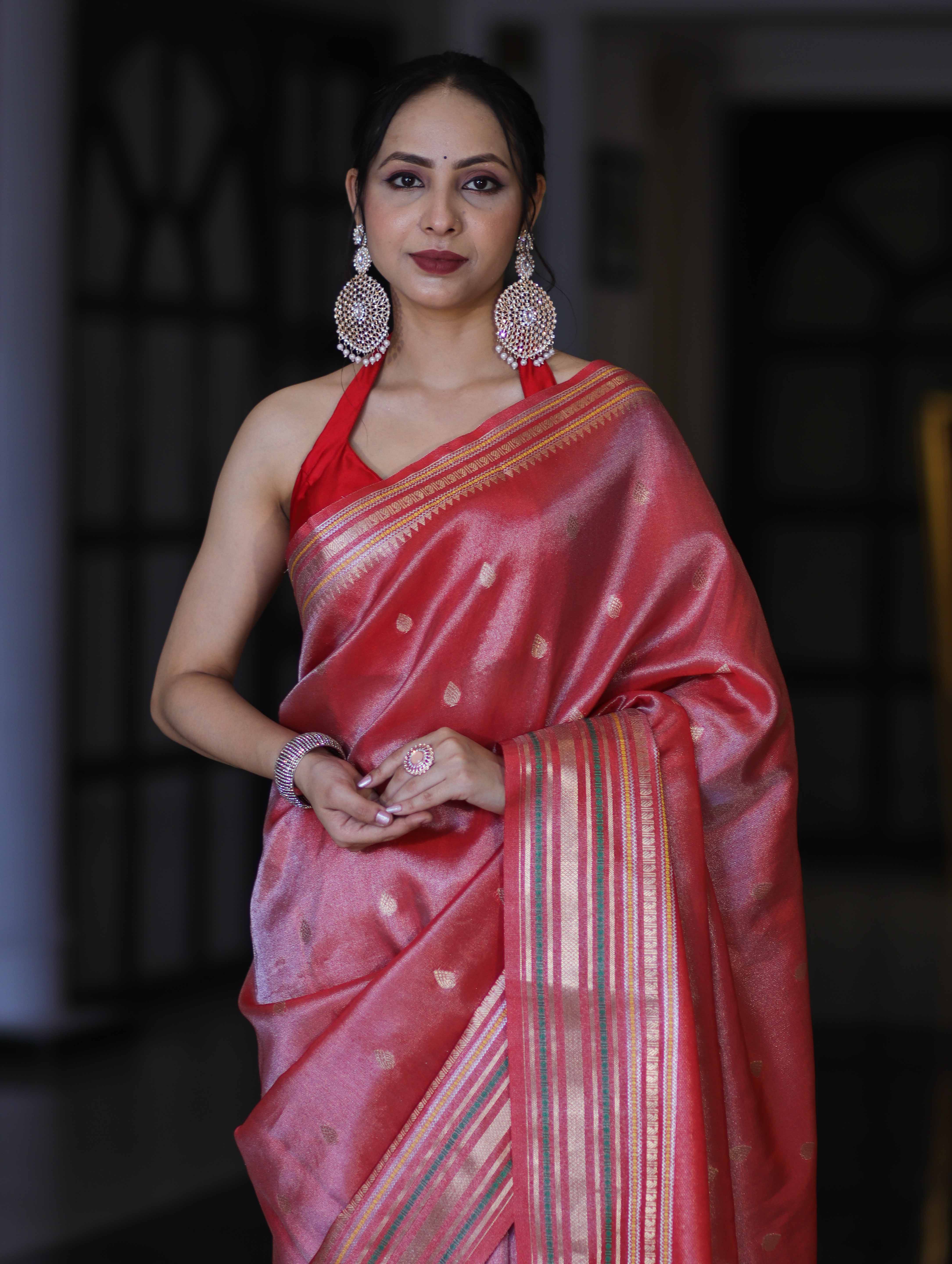 Banarasee Handloom Tissue Saree With Buti Design & Striped Zari Border-Red