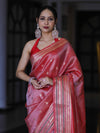 Banarasee Handloom Tissue Saree With Buti Design & Striped Zari Border-Red