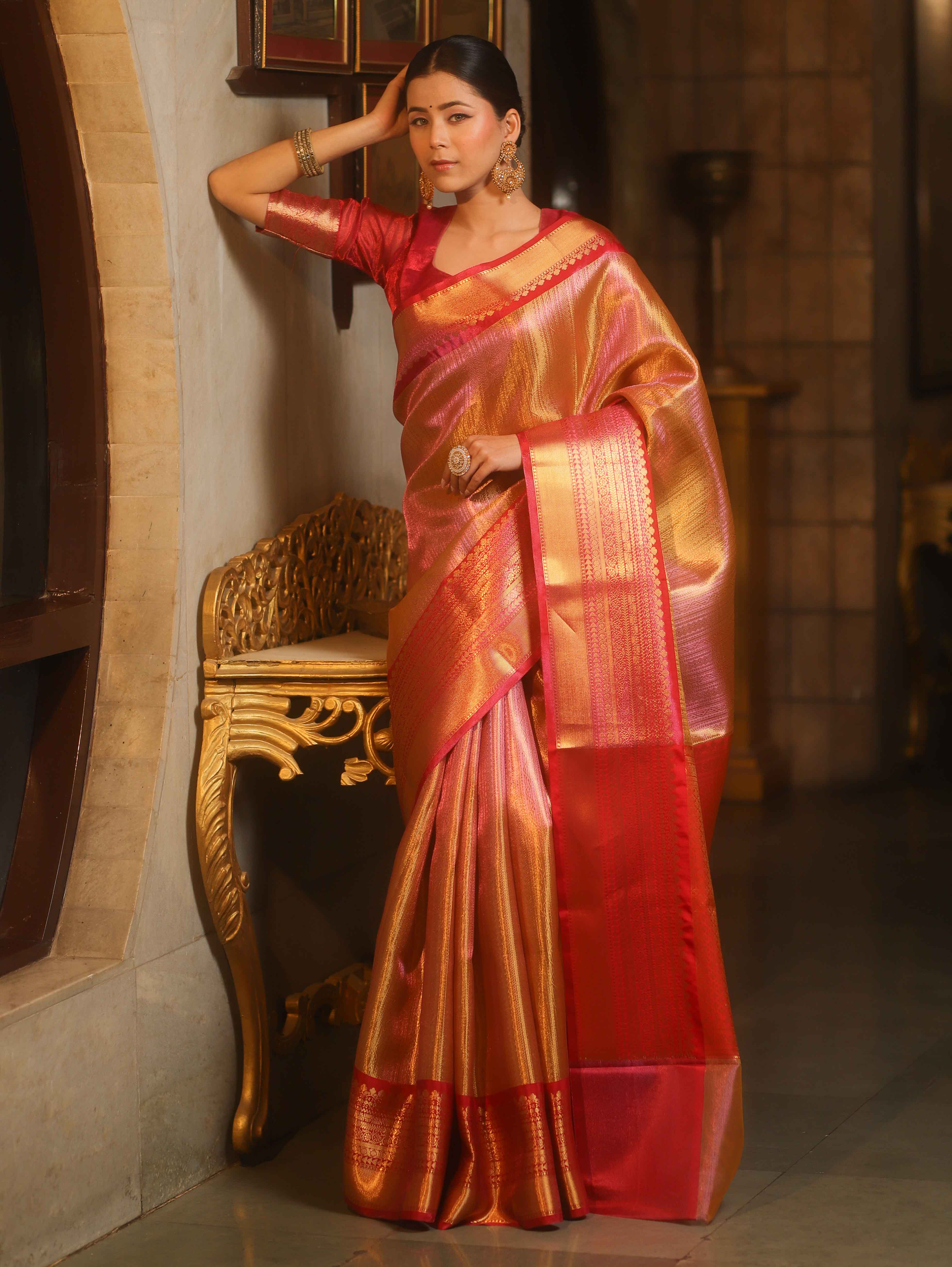 Banarasee Handwoven Tissue Saree With Zari Broad Broder-Pink & Red