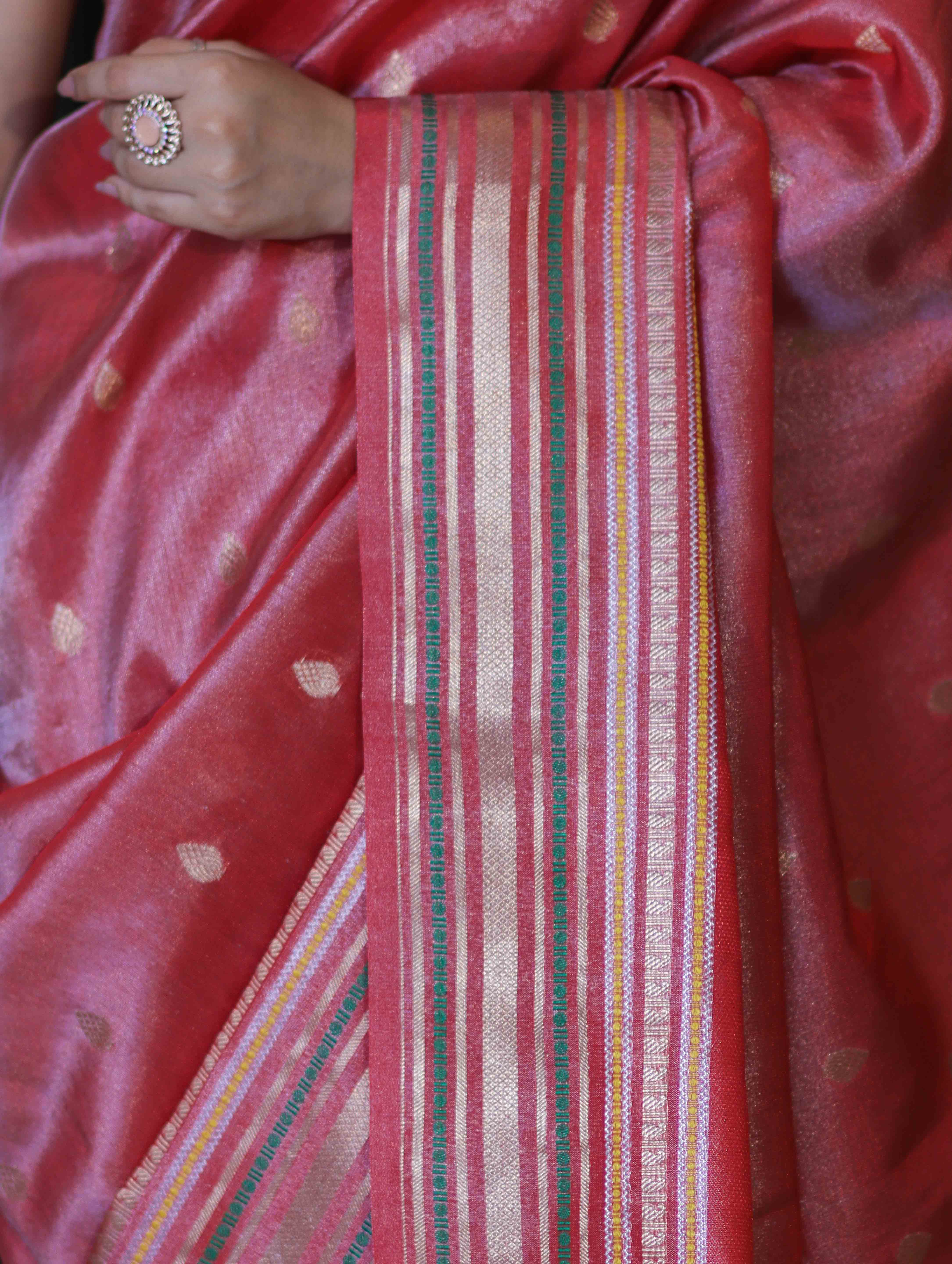 Banarasee Handloom Tissue Saree With Buti Design & Striped Zari Border-Red