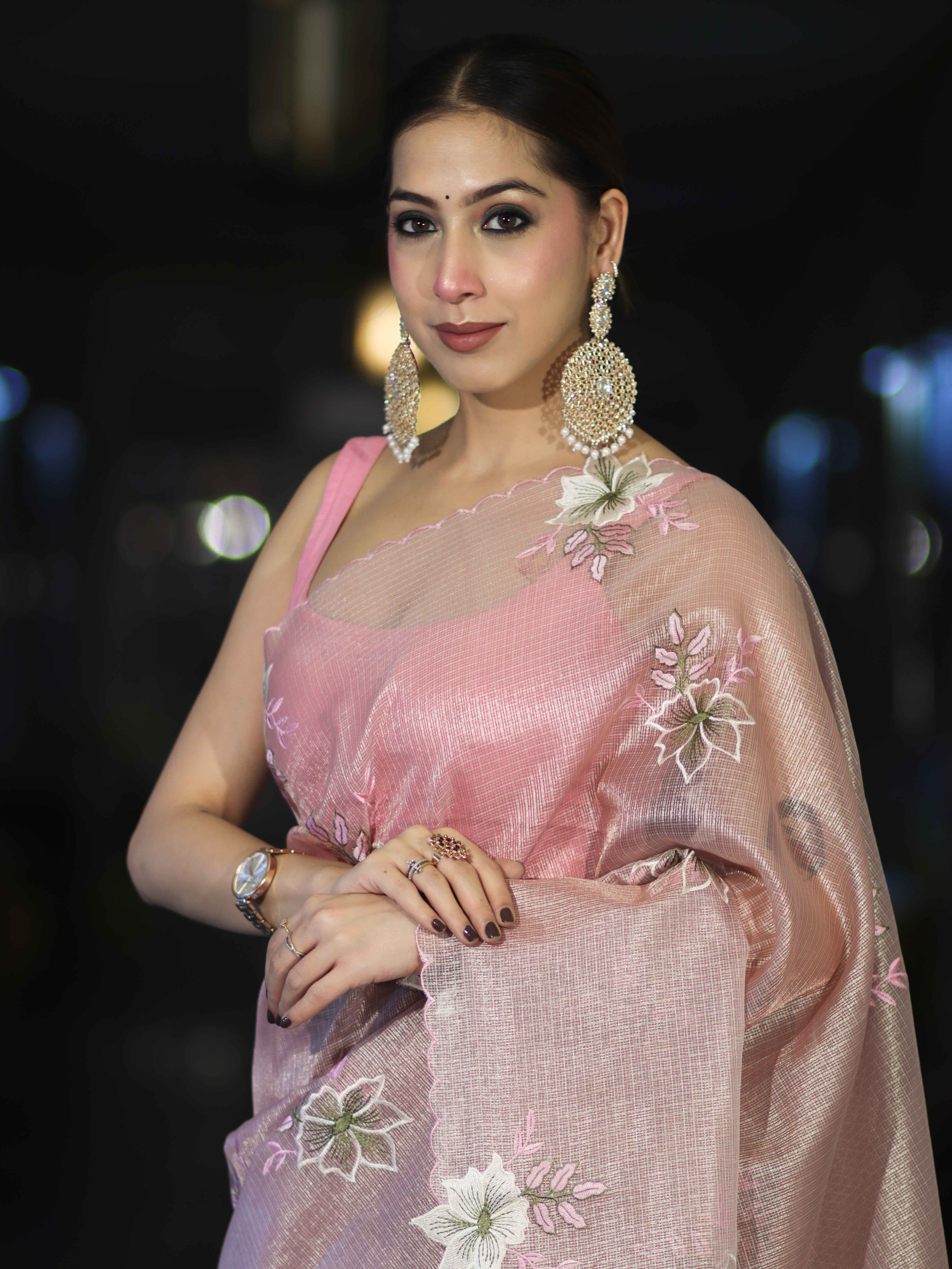 Banarasee Tissue Saree With Resham Embroidery Applique Work Pallu & Scallop Border-Light Pink