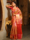 Banarasee Handwoven Tissue Saree With Zari Broad Broder-Pink & Red