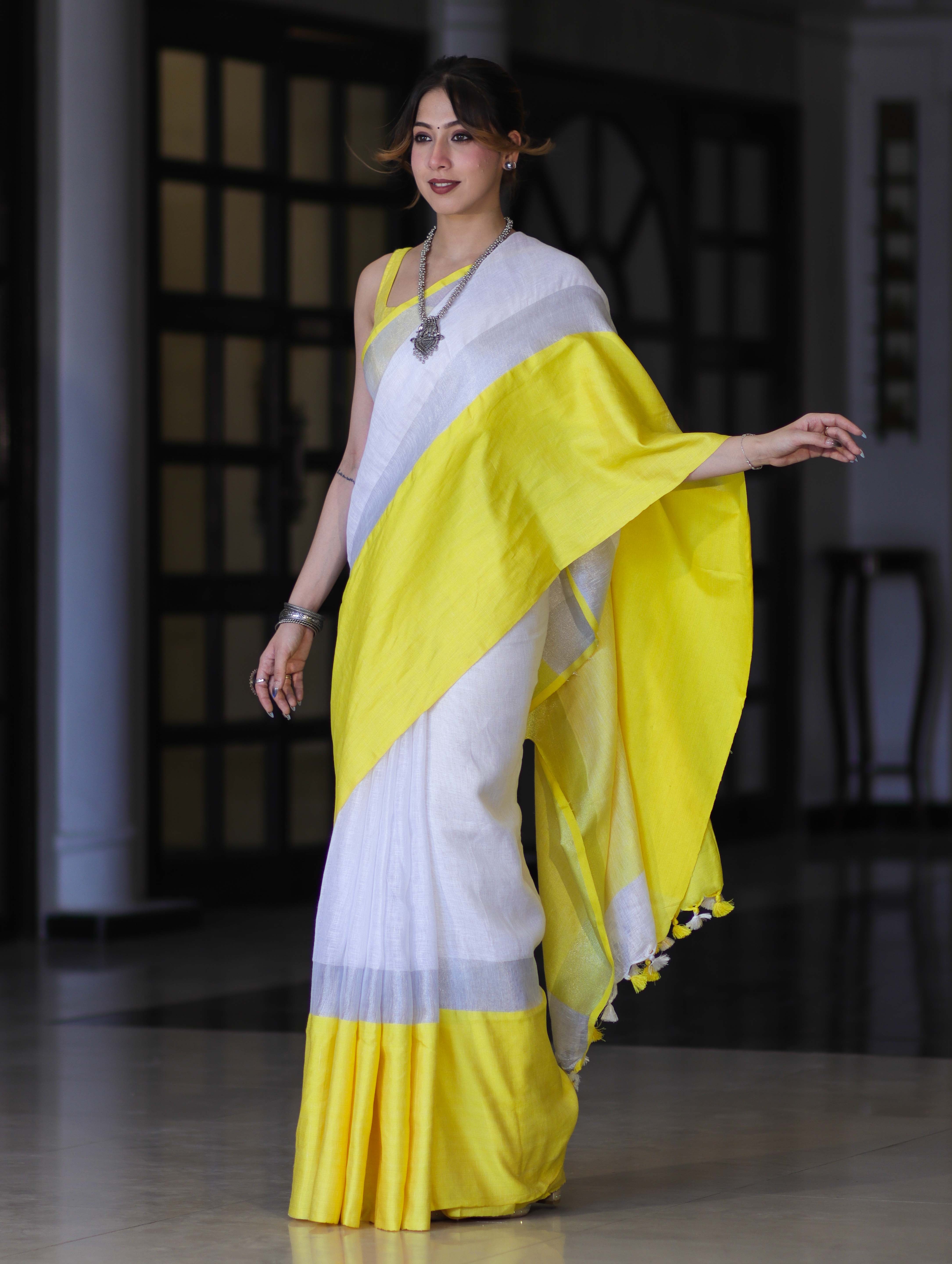 Bhagalpur Handloom Pure Linen Saree With Broad Contrast Border-White & Yellow