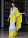 Bhagalpur Handloom Pure Linen Saree With Broad Contrast Border-White & Yellow