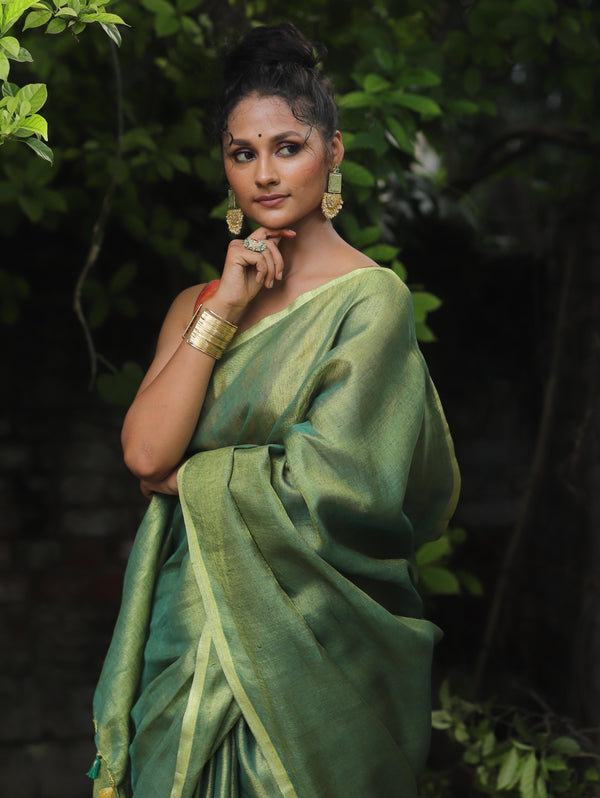 Banarasee Handloom Pure Linen By Tissue Metallic Shine Saree-Green