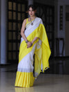 Bhagalpur Handloom Pure Linen Saree With Broad Contrast Border-White & Yellow