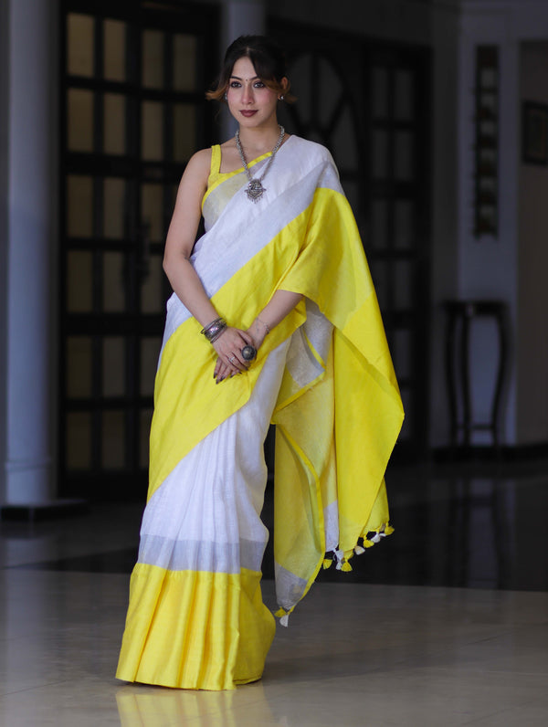 Bhagalpur Handloom Pure Linen Saree With Broad Contrast Border-White & Yellow