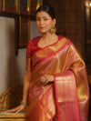 Banarasee Handwoven Tissue Saree With Zari Broad Broder-Pink & Red