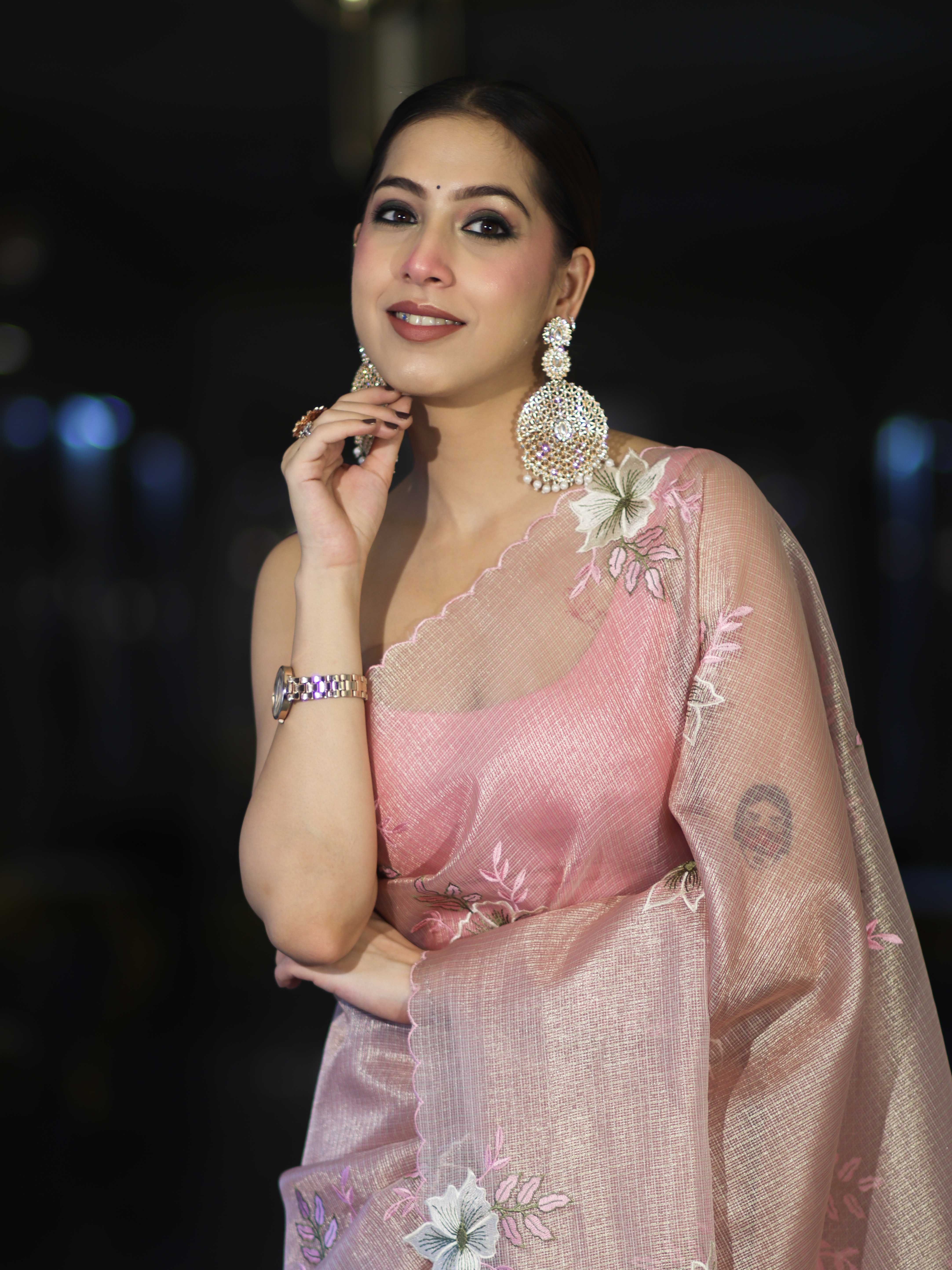 Banarasee Tissue Saree With Resham Embroidery Applique Work Pallu & Scallop Border-Light Pink