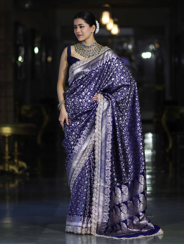 Banarasee Handloom Mashru Silk Saree With Heavy Zari Jaal & Lace Border-Blue