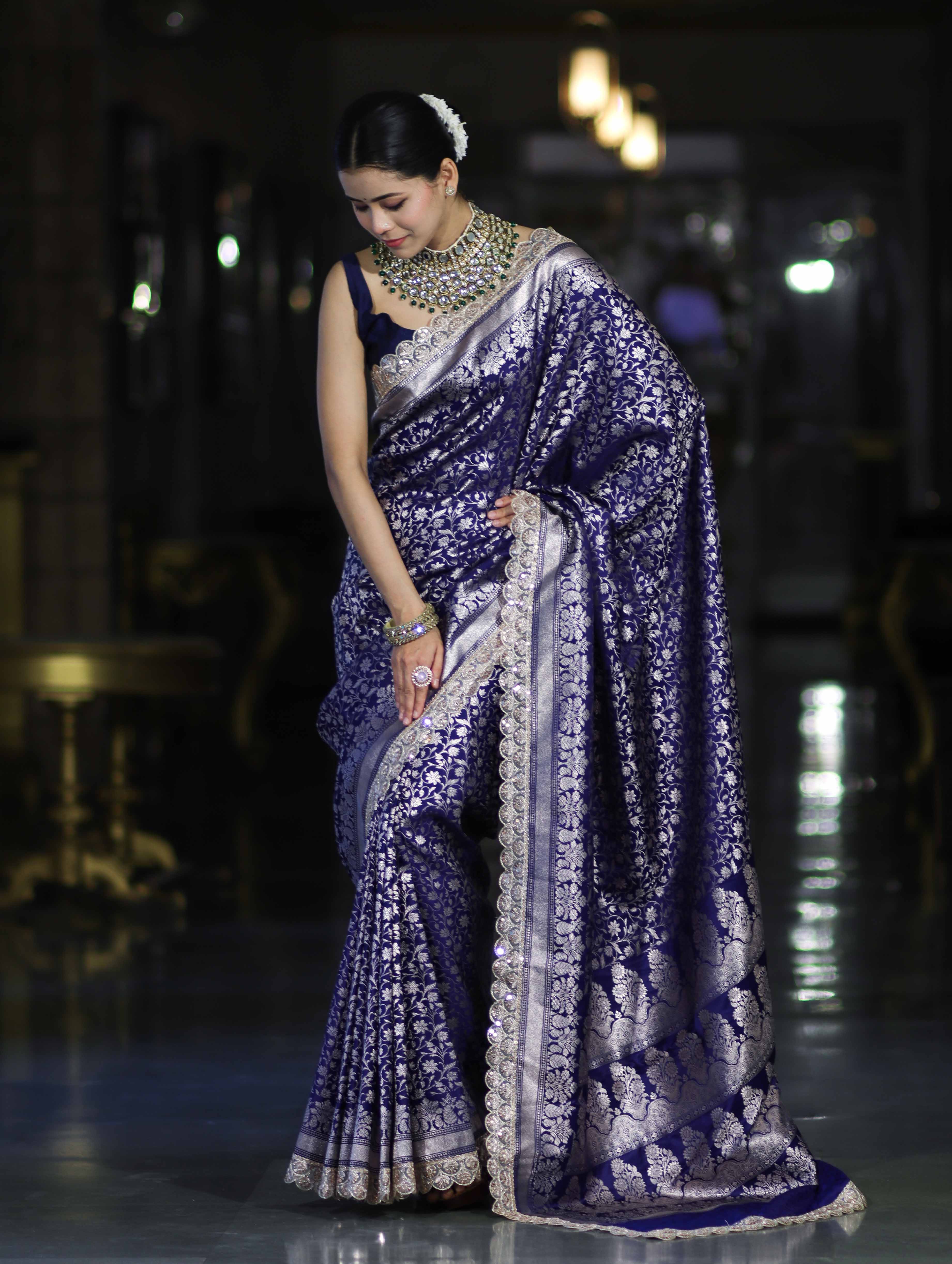 Banarasee Handloom Mashru Silk Saree With Heavy Zari Jaal & Lace Border-Blue