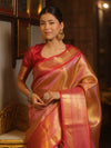Banarasee Handwoven Tissue Saree With Zari Broad Broder-Pink & Red