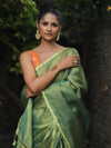 Banarasee Handloom Pure Linen By Tissue Metallic Shine Saree-Green