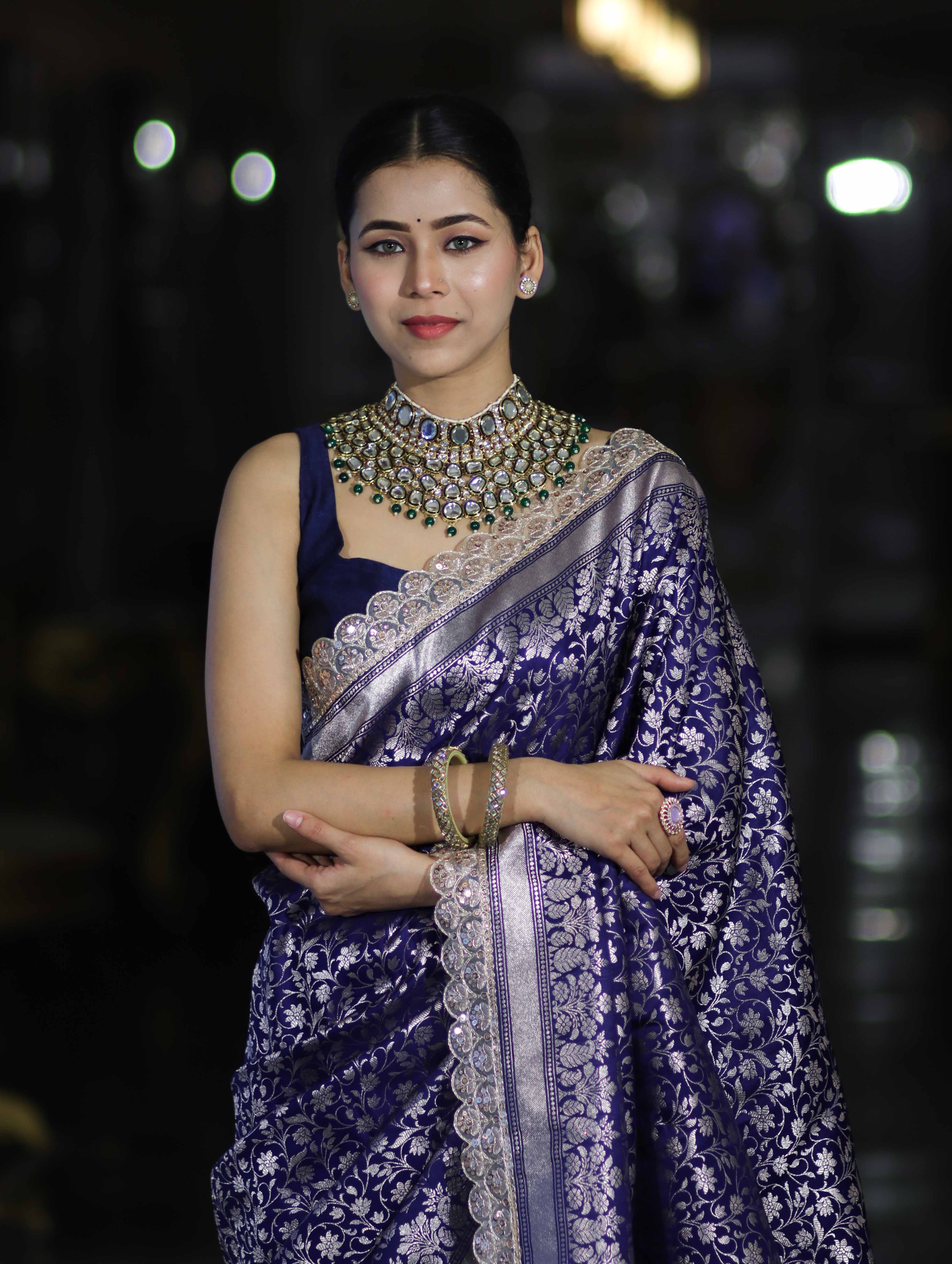 Banarasee Handloom Mashru Silk Saree With Heavy Zari Jaal & Lace Border-Blue