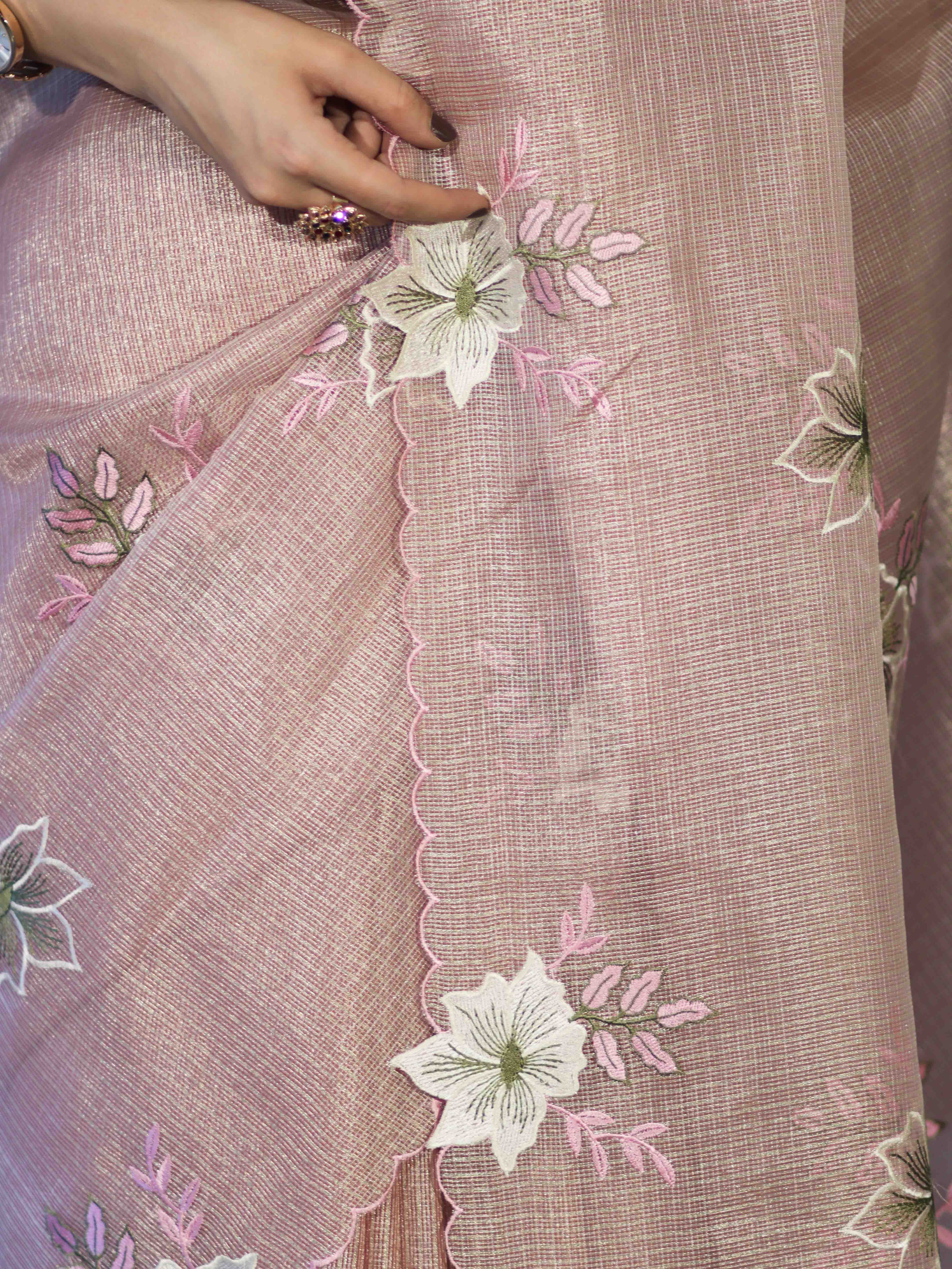 Banarasee Tissue Saree With Resham Embroidery Applique Work Pallu & Scallop Border-Light Pink