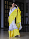 Bhagalpur Handloom Pure Linen Saree With Broad Contrast Border-White & Yellow