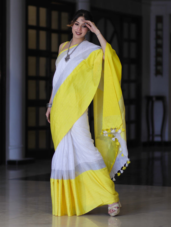 Bhagalpur Handloom Pure Linen Saree With Broad Contrast Border-White & Yellow