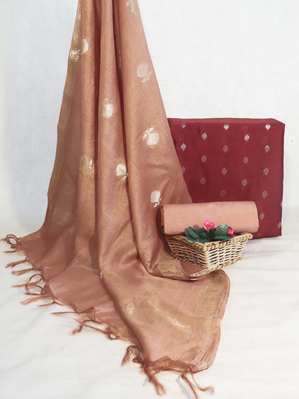 Banarasee Handloom Pure Silk Zari Buti Salwar Kameez Fabric With Dupatta-Maroon & Peach