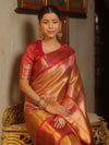 Banarasee Handwoven Tissue Saree With Zari Broad Broder-Pink & Red