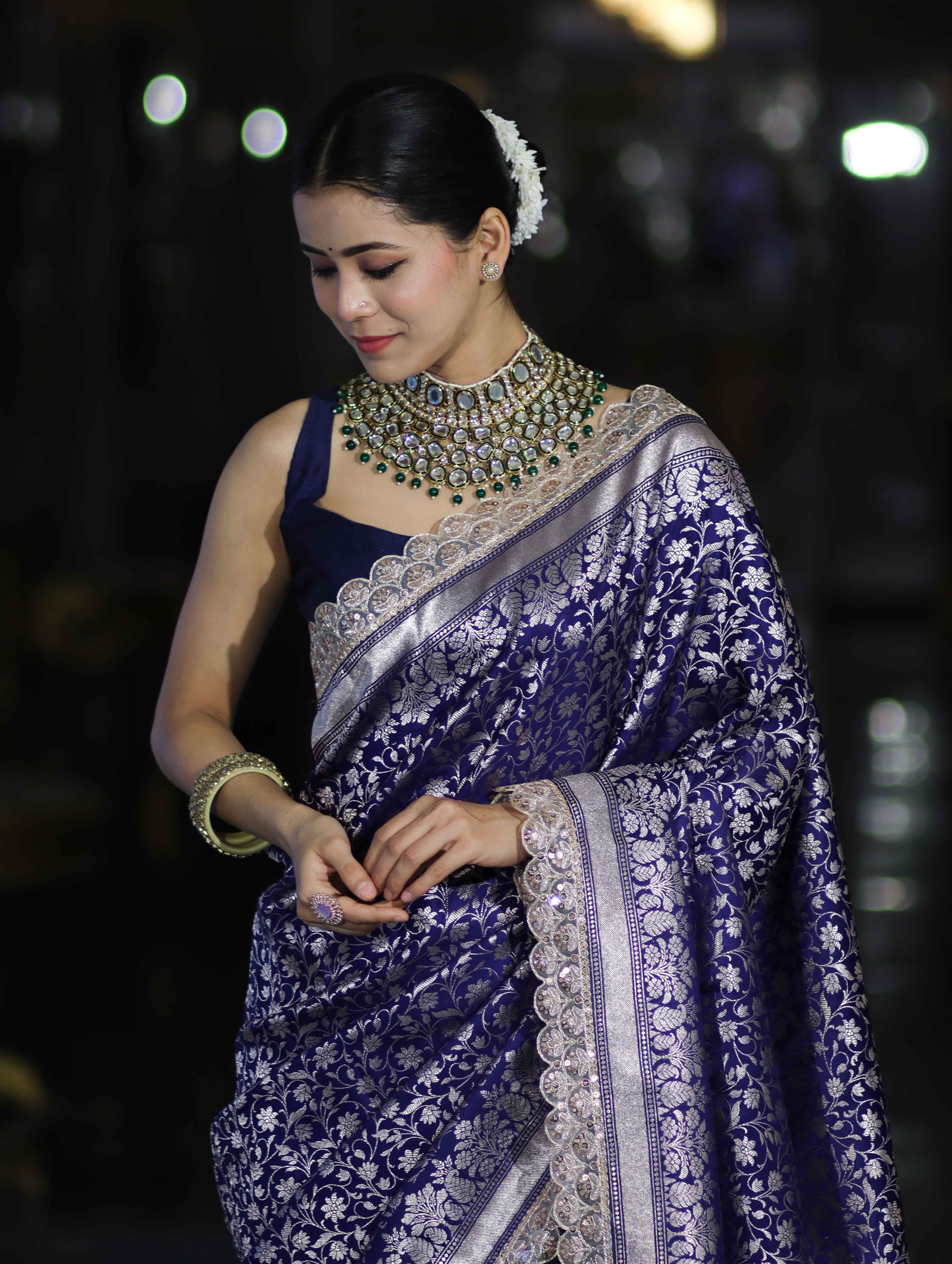 Banarasee Handloom Mashru Silk Saree With Heavy Zari Jaal & Lace Border-Blue