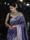 Banarasee Handloom Mashru Silk Saree With Heavy Zari Jaal & Lace Border-Blue