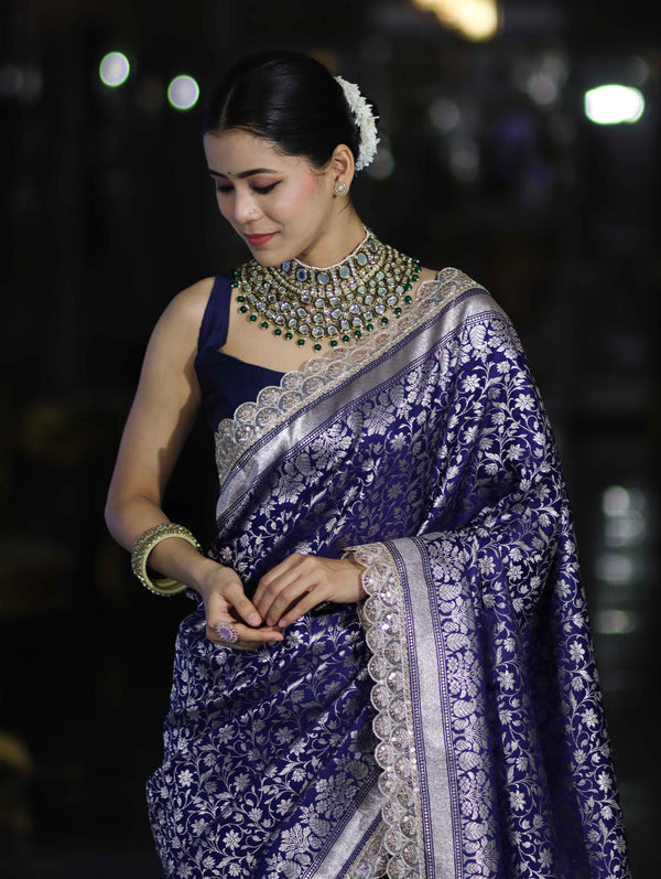 Banarasee Handloom Mashru Silk Saree With Heavy Zari Jaal & Lace Border-Blue