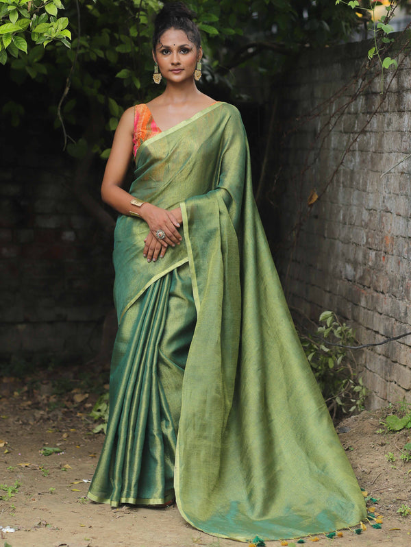 Banarasee Handloom Pure Linen By Tissue Metallic Shine Saree-Green
