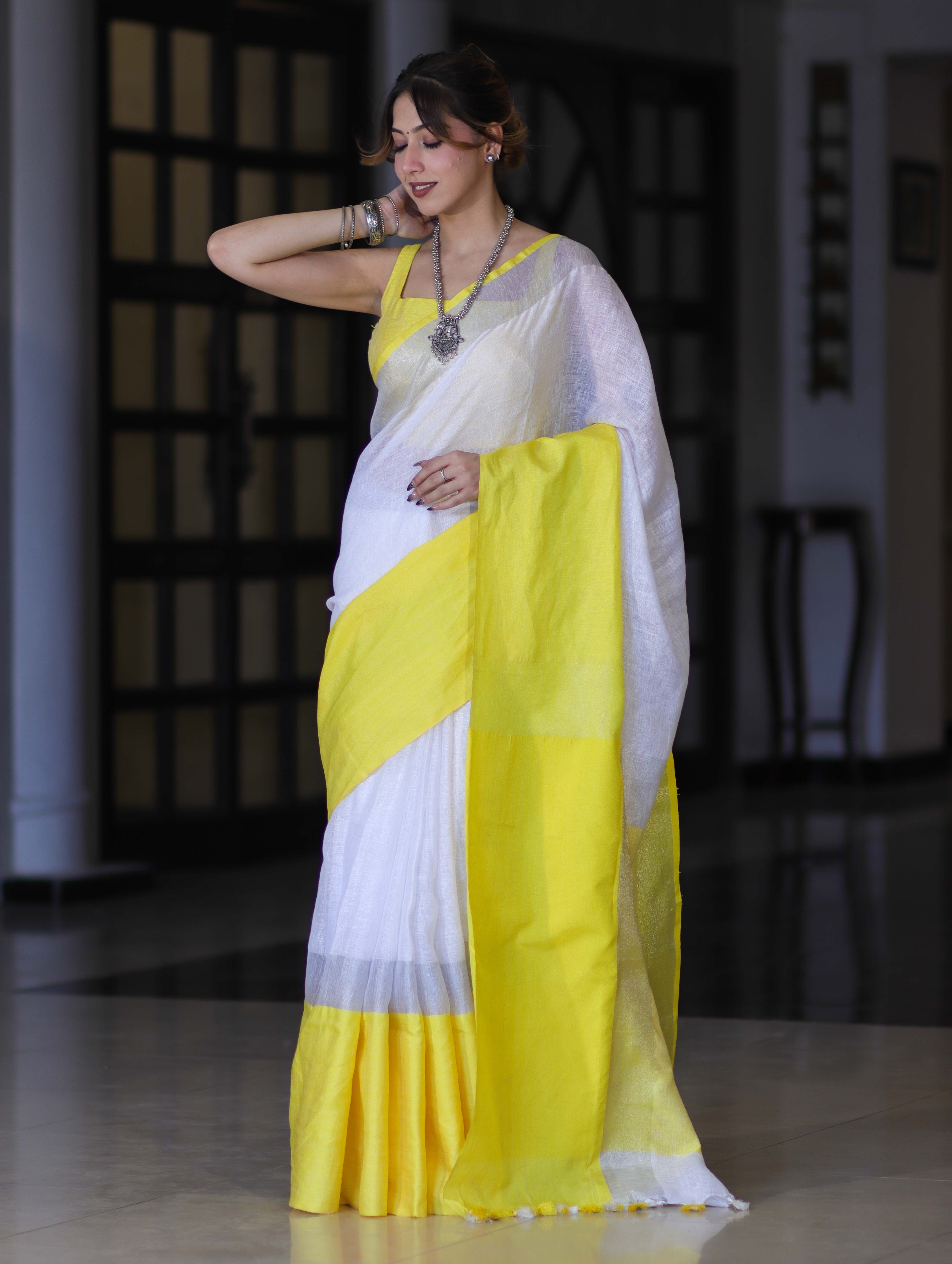 Bhagalpur Handloom Pure Linen Saree With Broad Contrast Border-White & Yellow