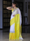 Bhagalpur Handloom Pure Linen Saree With Broad Contrast Border-White & Yellow
