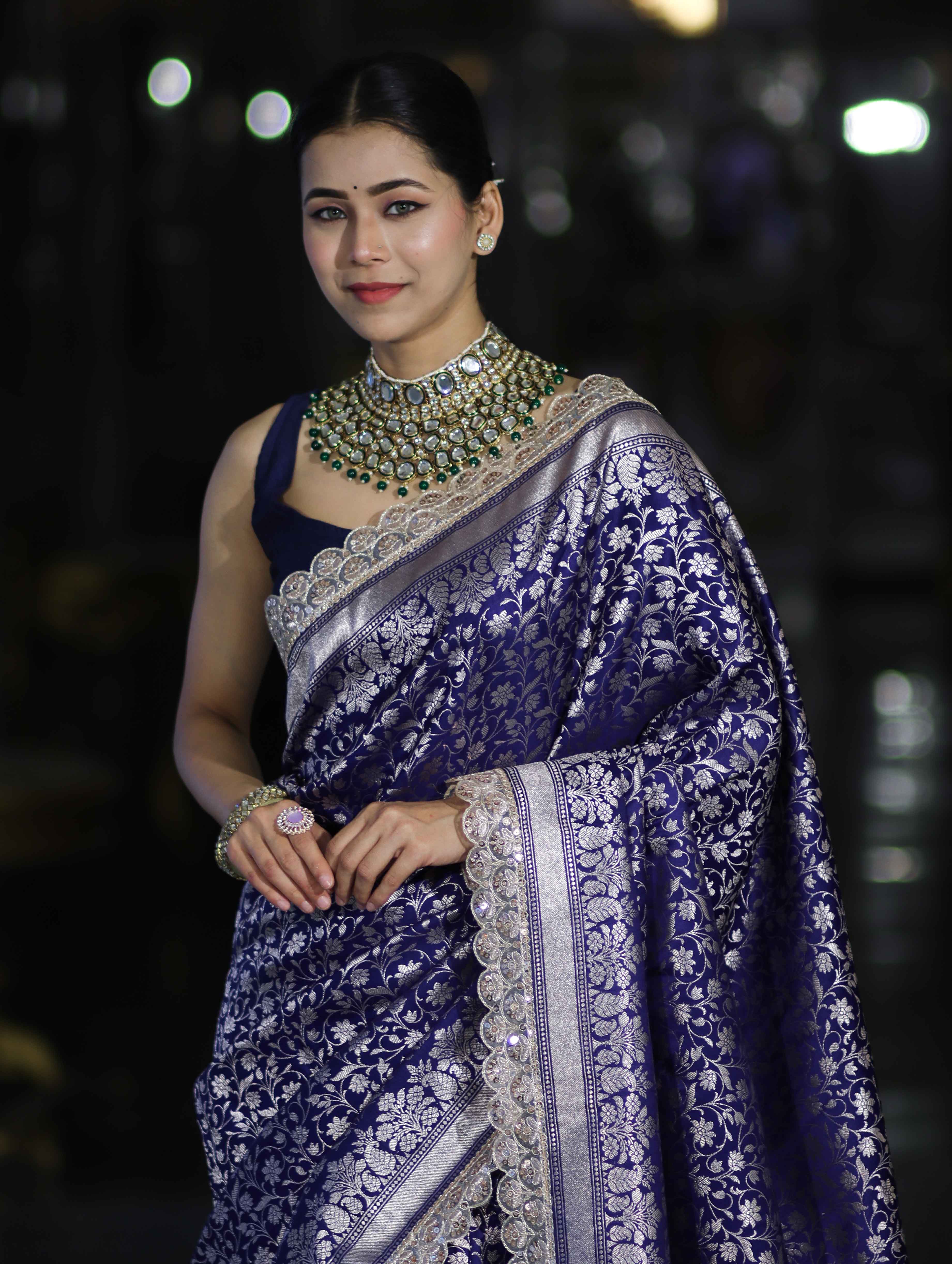 Banarasee Handloom Mashru Silk Saree With Heavy Zari Jaal & Lace Border-Blue