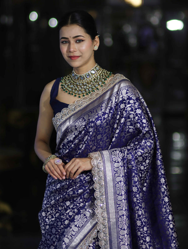Banarasee Handloom Mashru Silk Saree With Heavy Zari Jaal & Lace Border-Blue