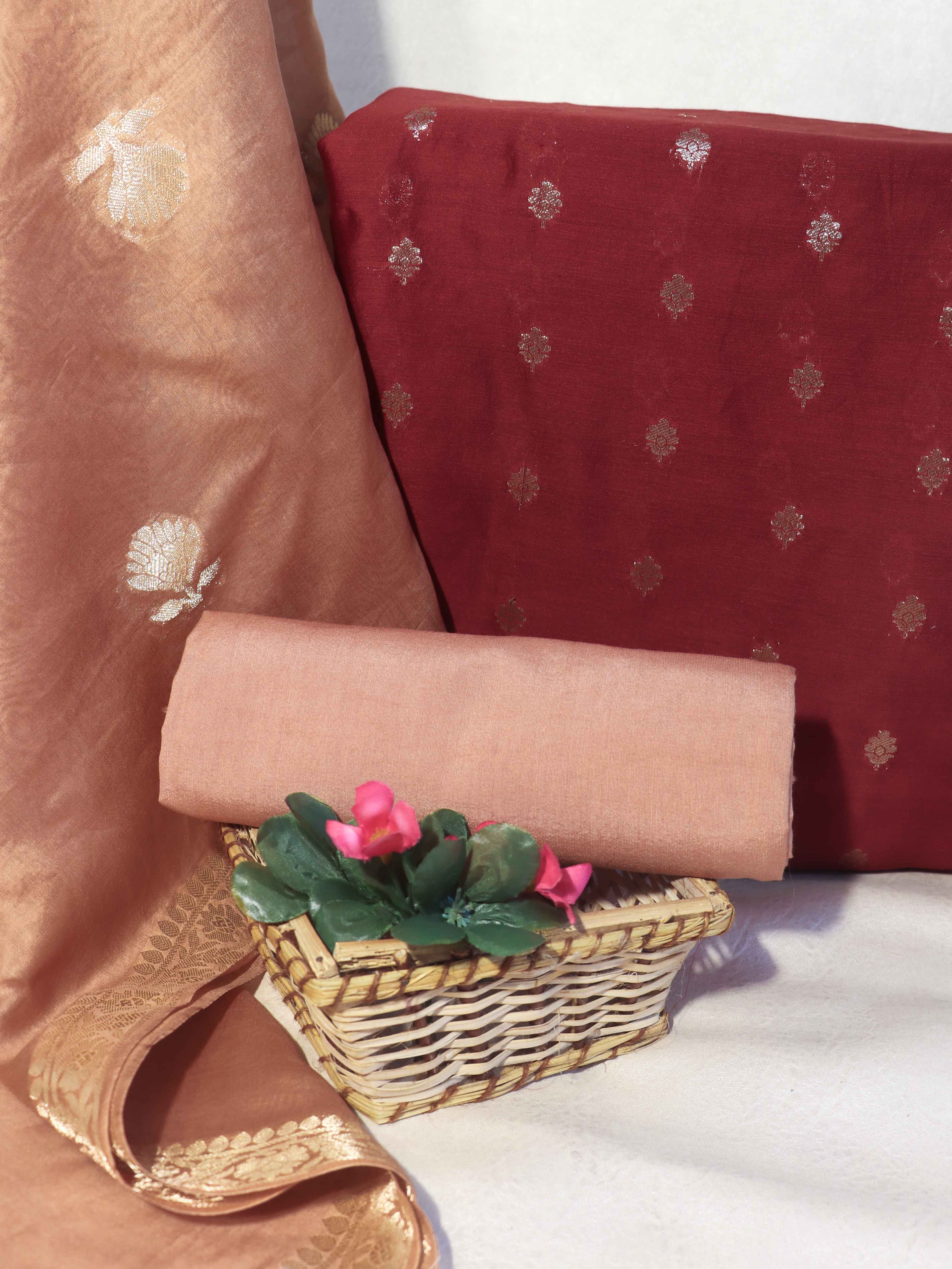 Banarasee Handloom Pure Silk Zari Buti Salwar Kameez Fabric With Dupatta-Maroon & Peach