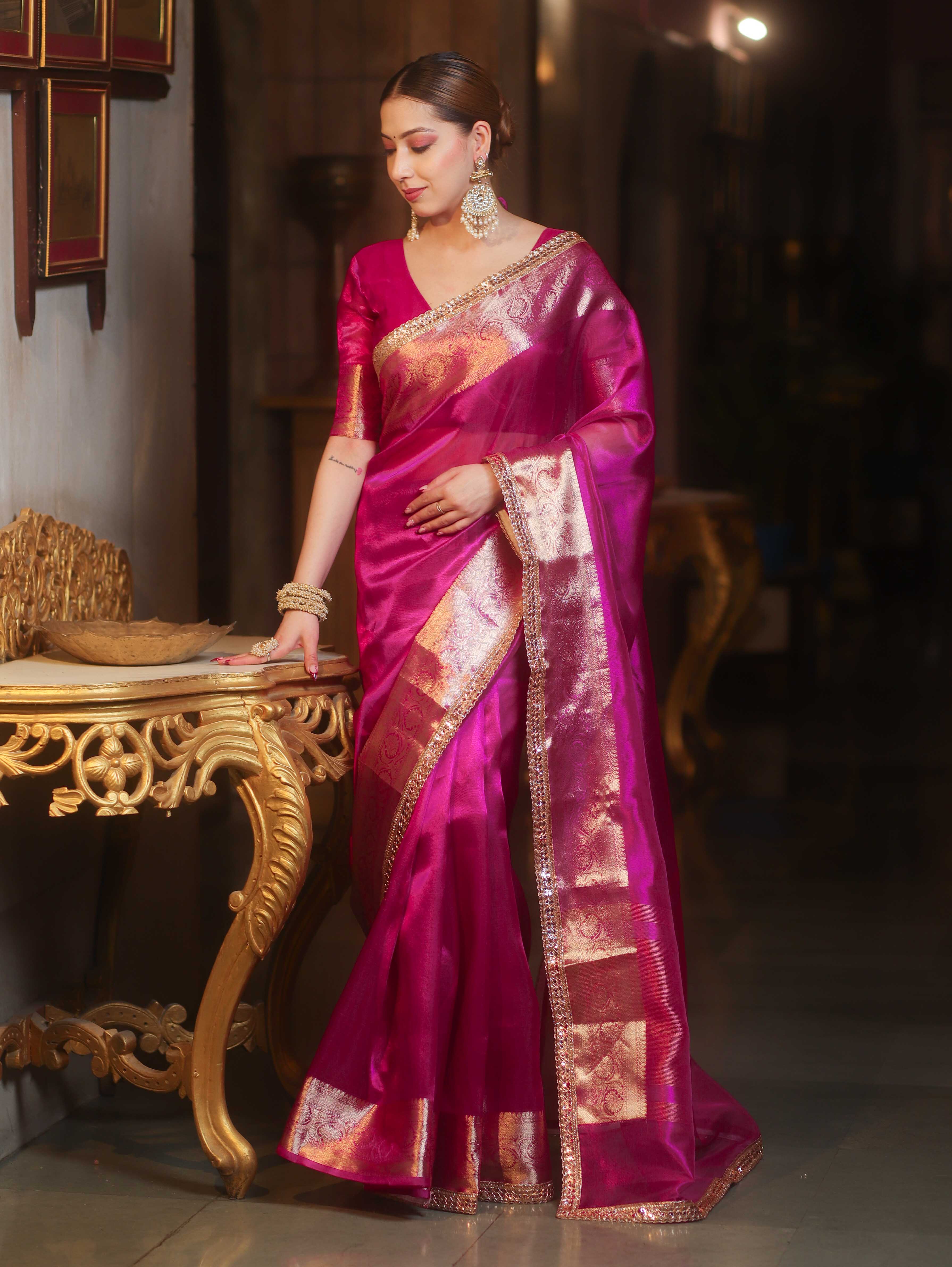 Banarasee Handwoven Plain Tissue Saree With Zari Border & Lace-Pink