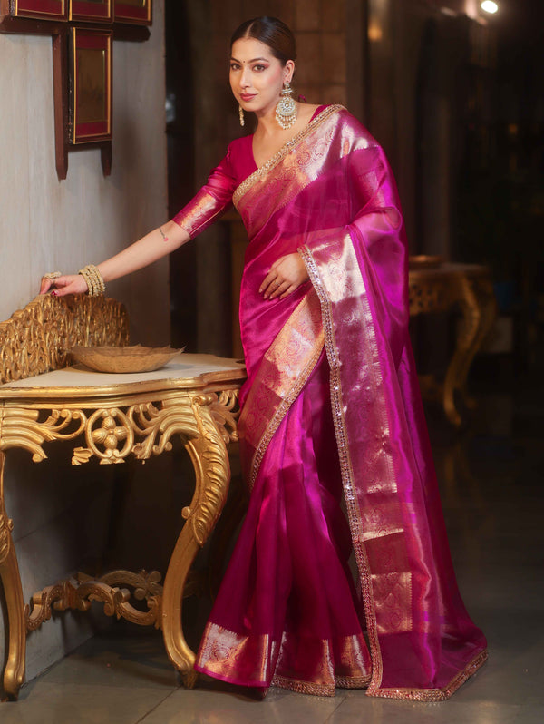 Banarasee Handwoven Plain Tissue Saree With Zari Border & Lace-Pink