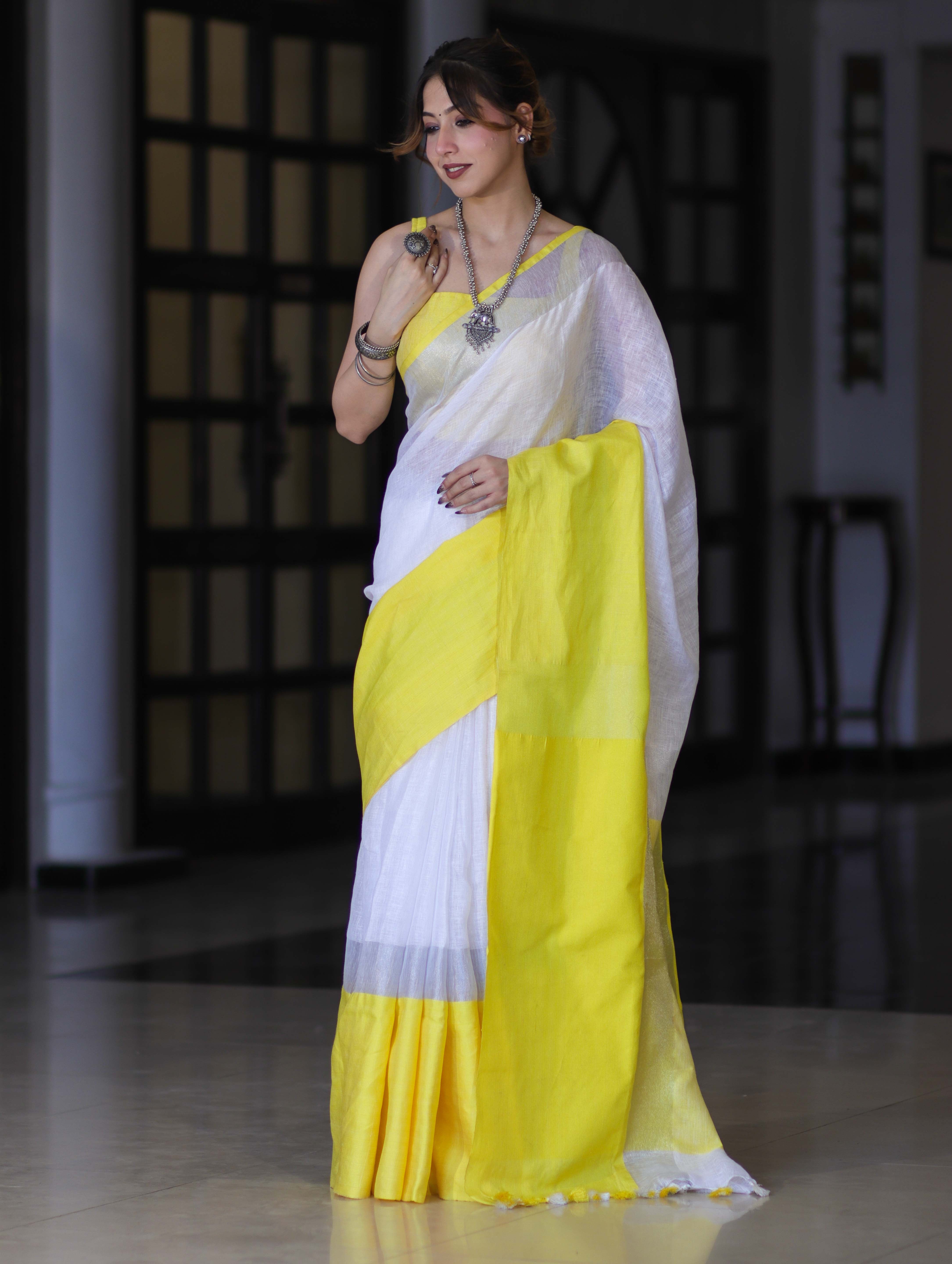 Bhagalpur Handloom Pure Linen Saree With Broad Contrast Border-White & Yellow