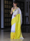 Bhagalpur Handloom Pure Linen Saree With Broad Contrast Border-White & Yellow