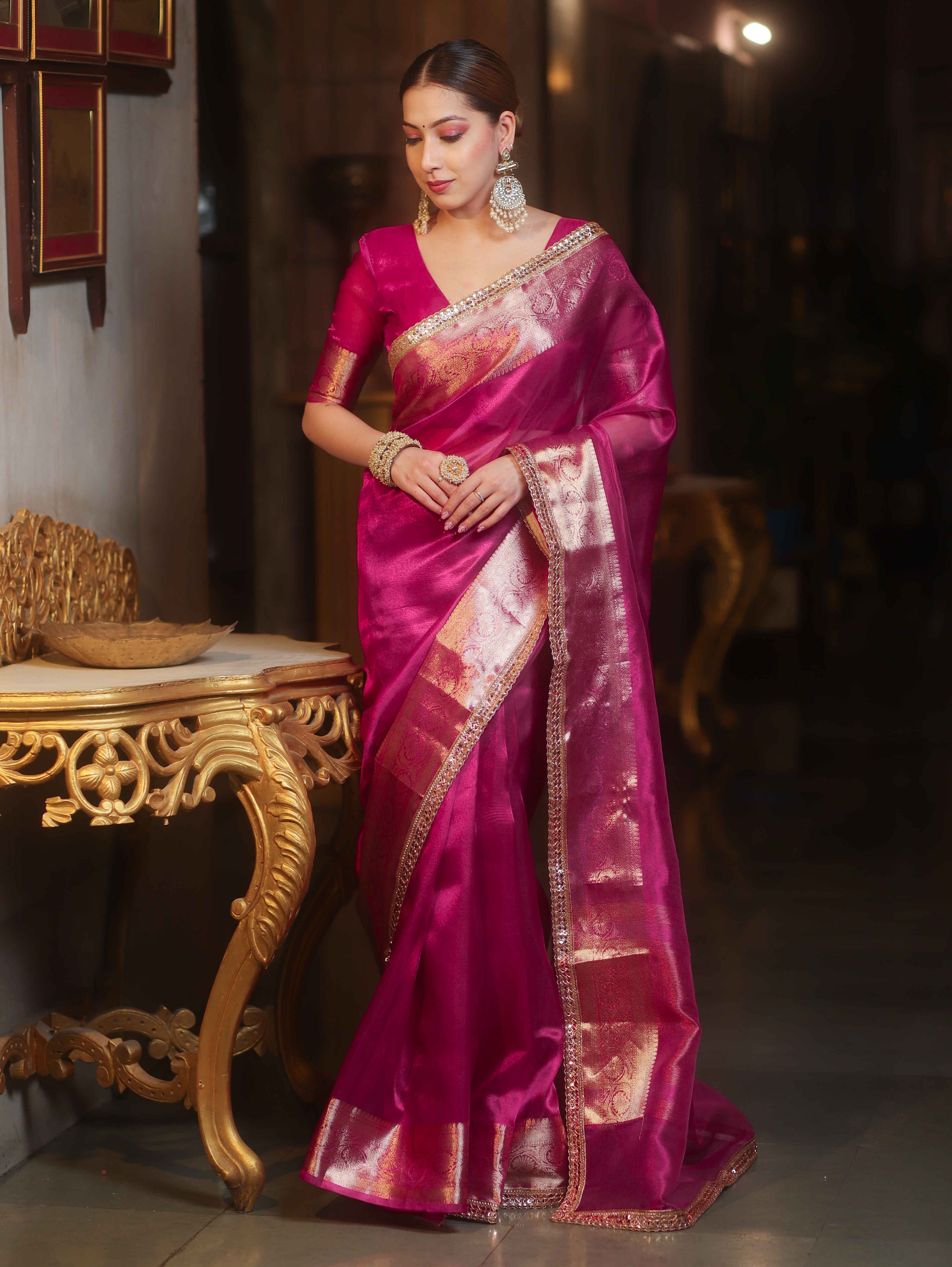 Banarasee Handwoven Plain Tissue Saree With Zari Border & Lace-Pink