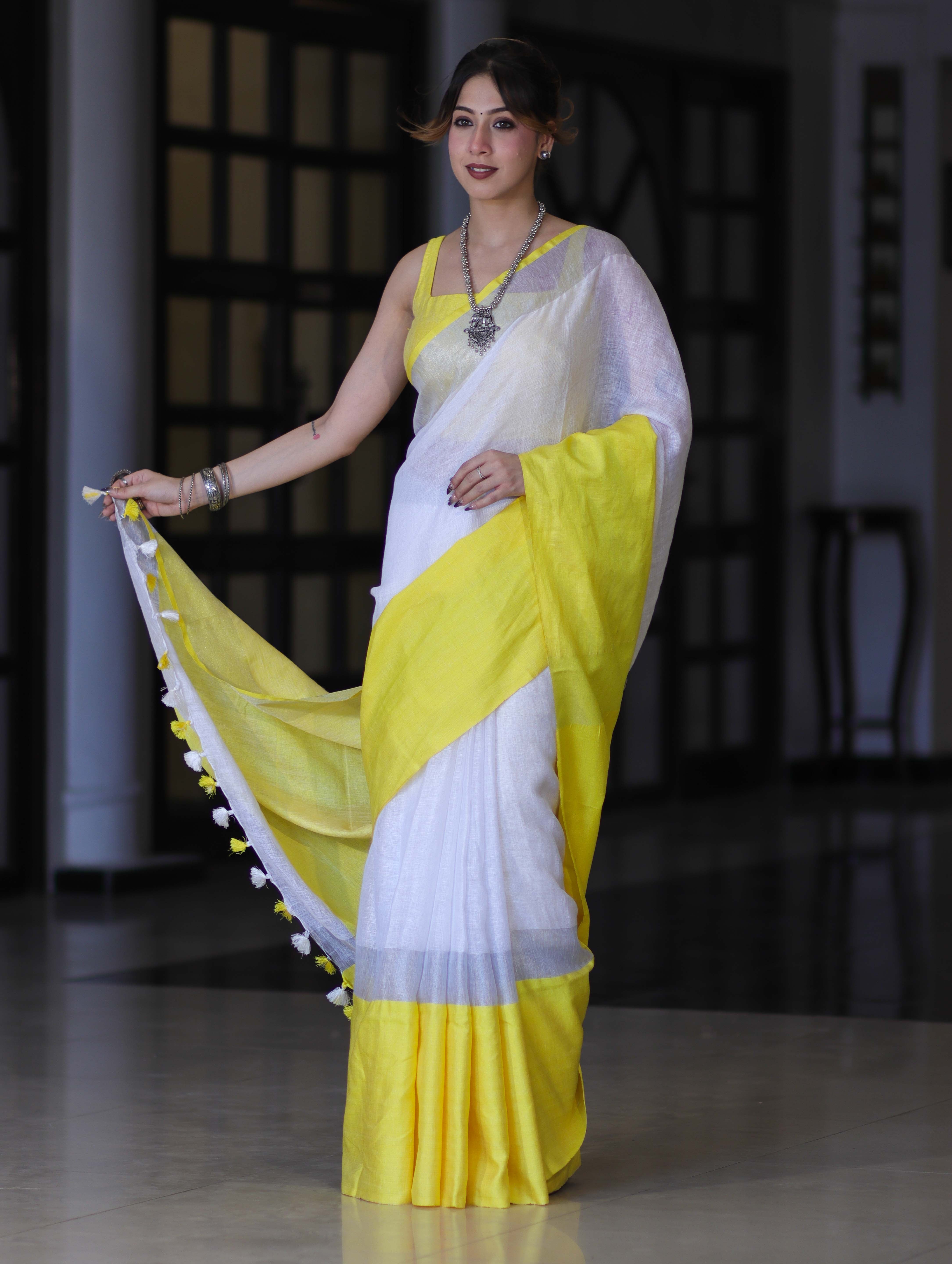 Bhagalpur Handloom Pure Linen Saree With Broad Contrast Border-White & Yellow