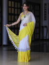 Bhagalpur Handloom Pure Linen Saree With Broad Contrast Border-White & Yellow