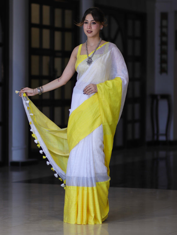 Bhagalpur Handloom Pure Linen Saree With Broad Contrast Border-White & Yellow