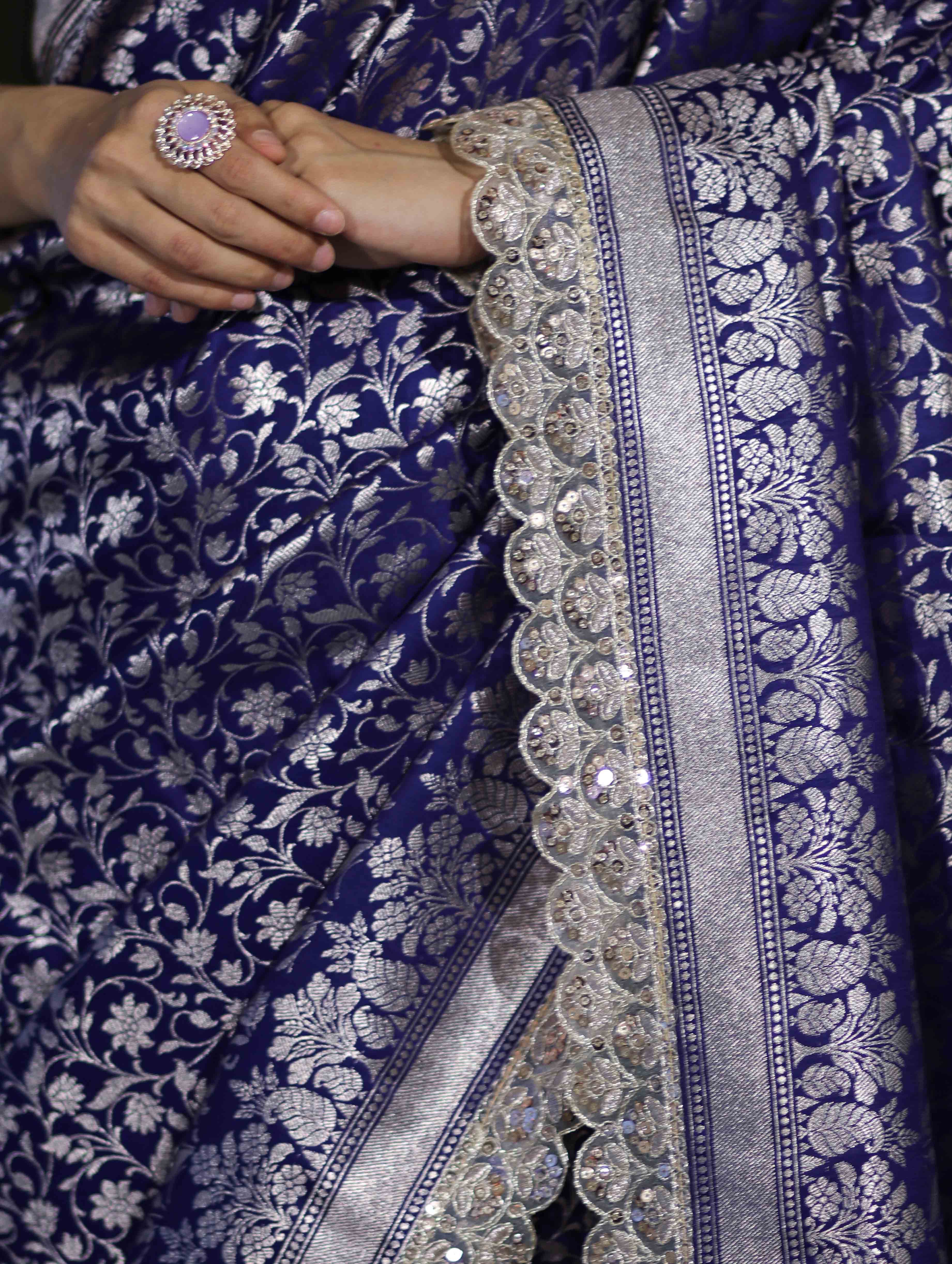Banarasee Handloom Mashru Silk Saree With Heavy Zari Jaal & Lace Border-Blue