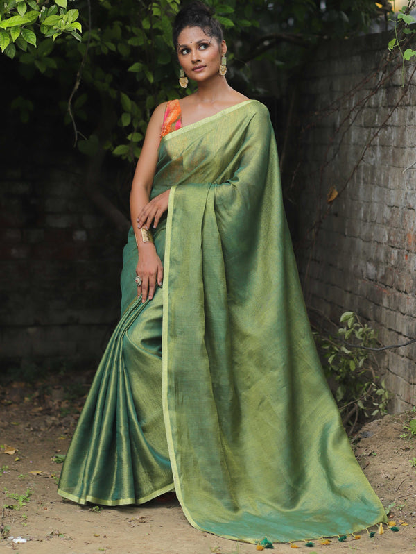 Banarasee Handloom Pure Linen By Tissue Metallic Shine Saree-Green