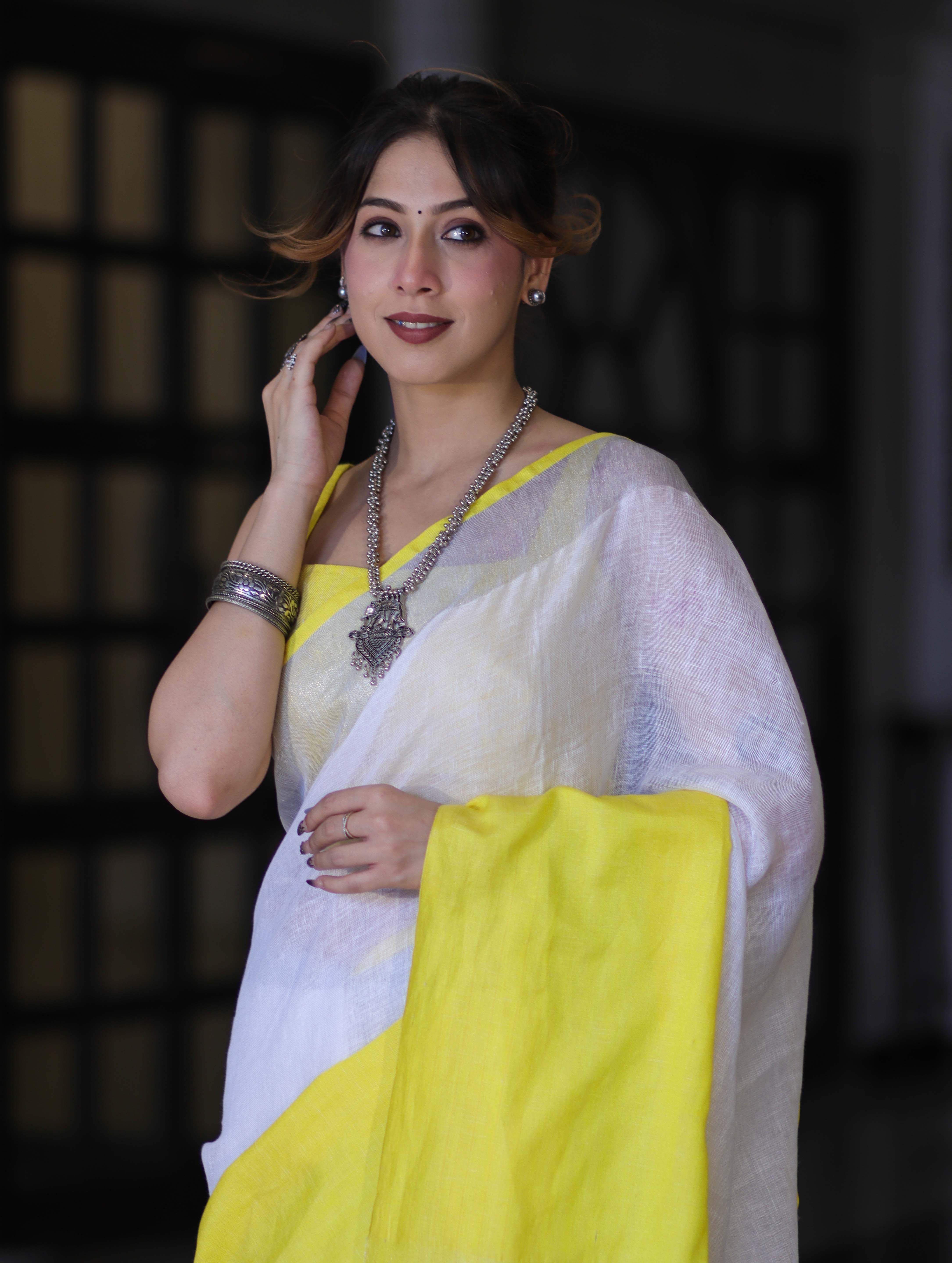 Bhagalpur Handloom Pure Linen Saree With Broad Contrast Border-White & Yellow
